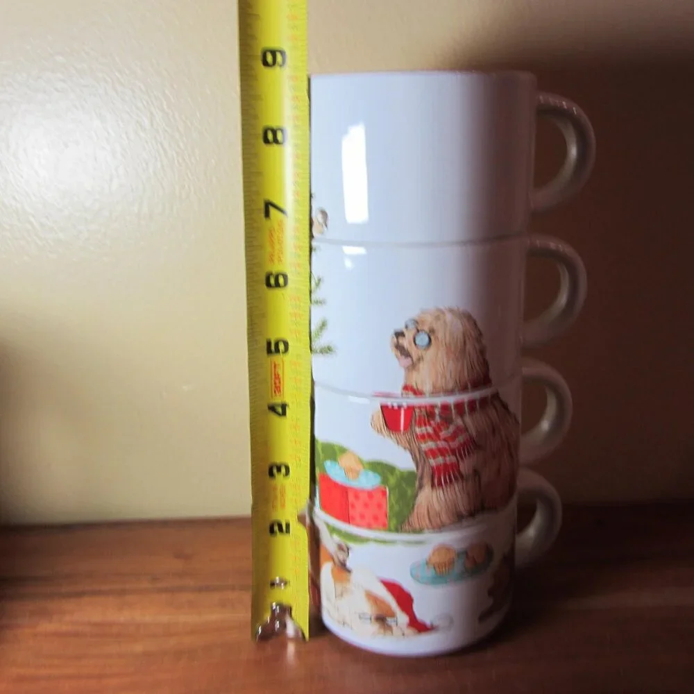 9 oz pier one mugs christmas morning pups dogs - set of 4 (W4709)